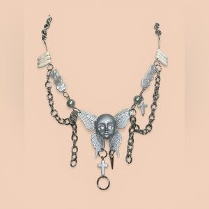 Silver Winged Angel Baby Face Statement Necklace